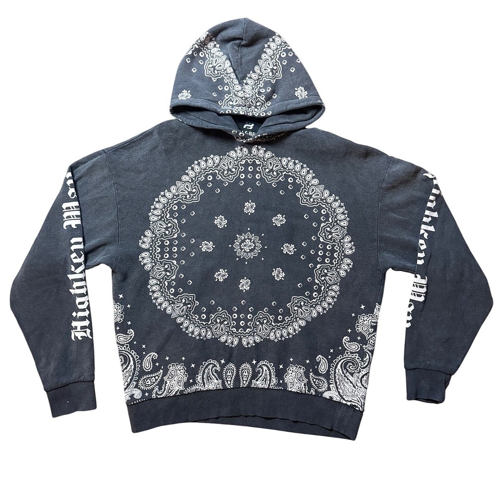 Pull&Bear Bandana‎ Paisley Hoodie Faded Black Gothic Sleeve Graphic Large